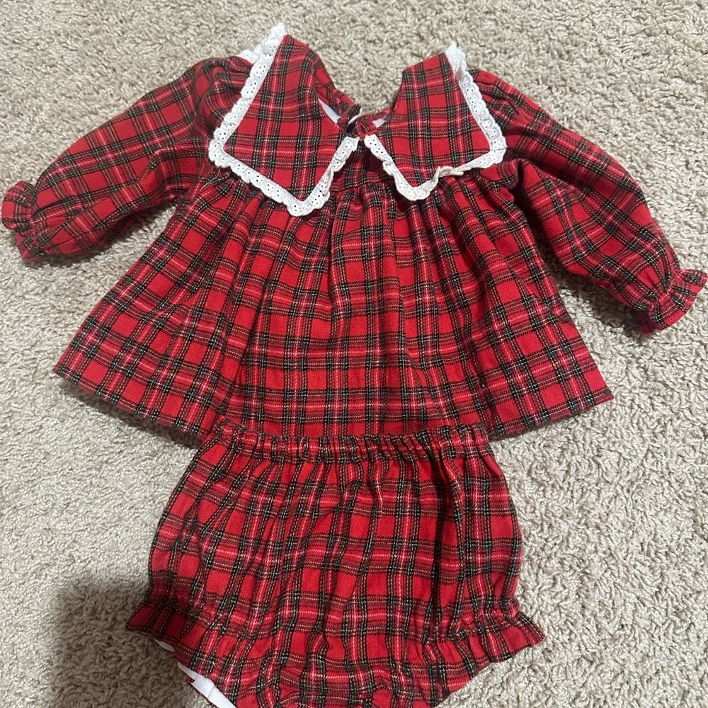 Red Plaid Baby Matching Set with Lace Collar